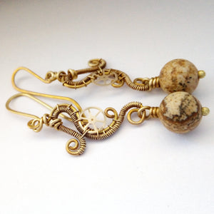 vrass wire wrapped dangle earrings with sand jasper beads