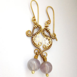 brass wire wrapped dangle earrings with amethyst beads