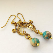 Load image into Gallery viewer, brass dangle earrings with ocean jasper beads
