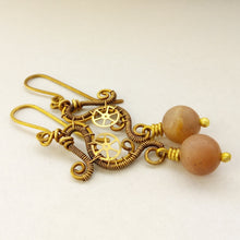 Load image into Gallery viewer, brass wire wrapped earrings with sunstone beads
