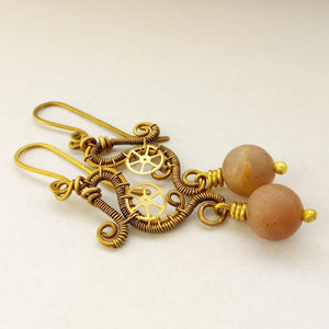 brass wire wrapped earrings with sunstone beads