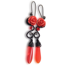 Load image into Gallery viewer, romantic vampire/gothic black and red rose dangle earrings
