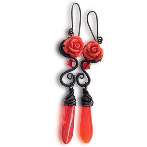 romantic vampire/gothic black and red rose dangle earrings