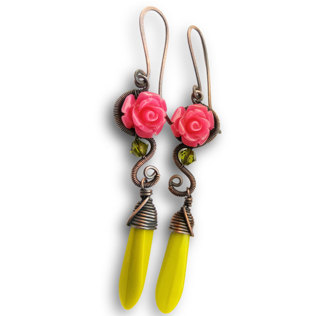 cottagecore wire wrapped earrings with pink resin rose and green glass beads