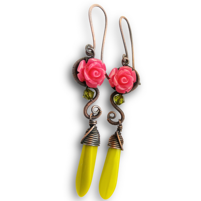 cottagecore wire wrapped earrings with pink resin rose and green glass beads