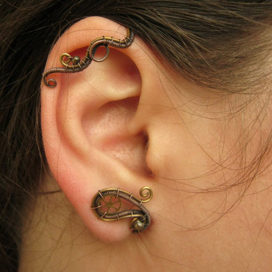 steampunk ear wrap made from copper and brass wire